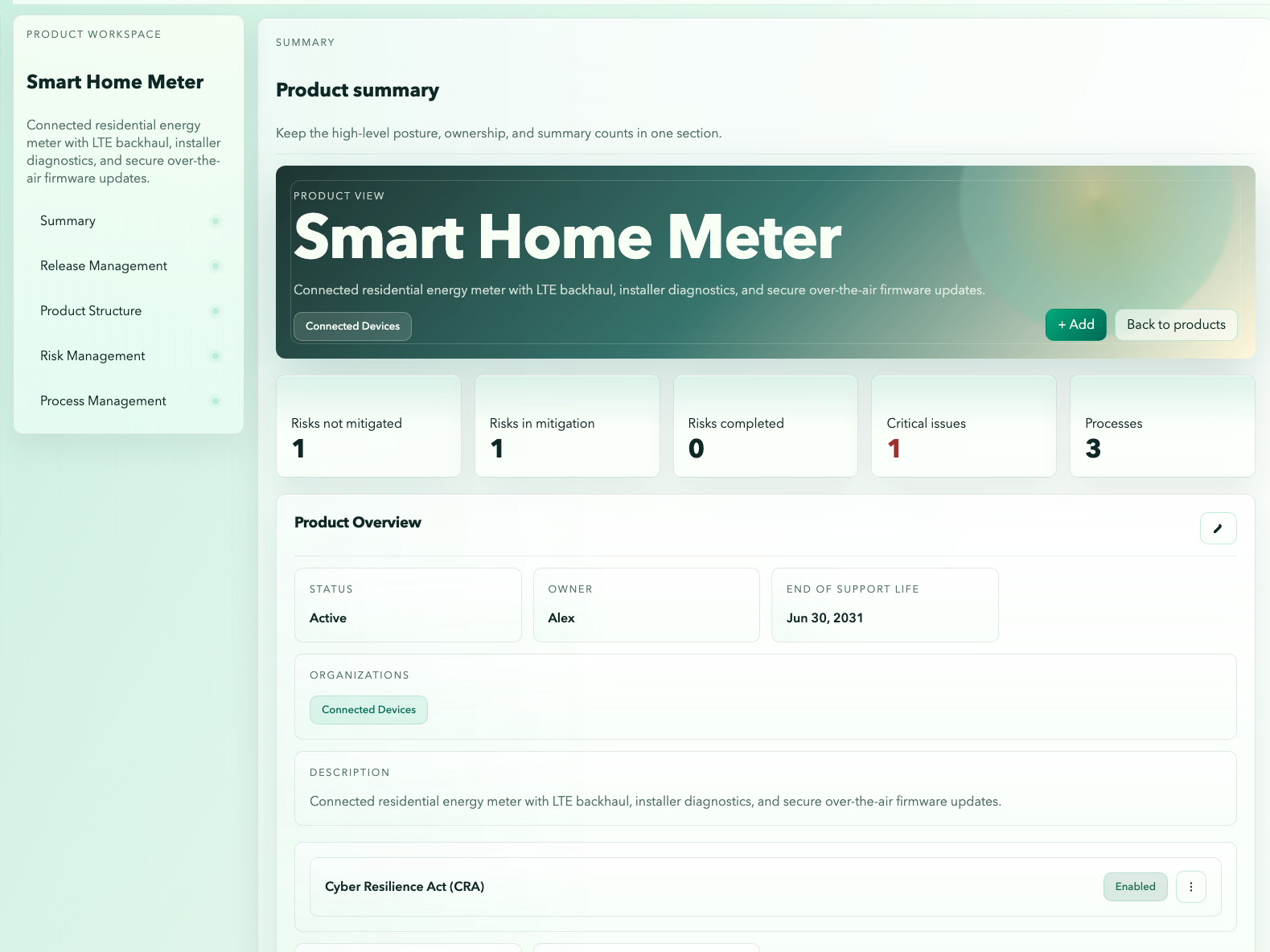 Lynvion product workspace for a Smart Home Meter showing summary details, product context, and CRA-enabled posture.